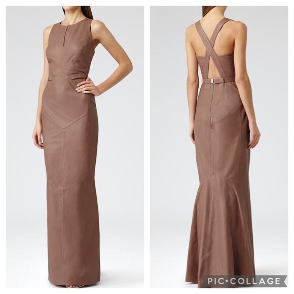 REISS Brown Hedra 100% Sheep Leather Formal Maxi Dress Size 6 - Picture 1 of 16